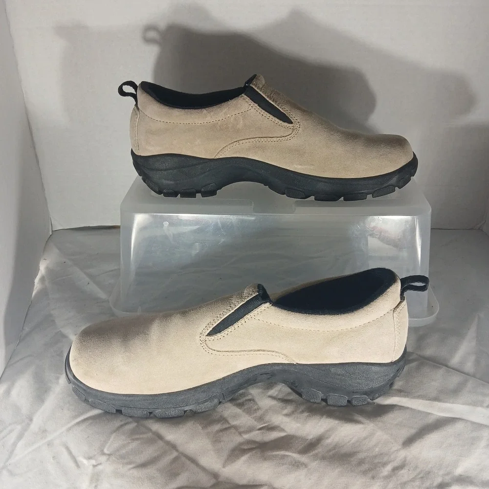Lands End Mens 9M Tan Suede Slip On Walking‎ Shoes Lug Sole Loafers 73773